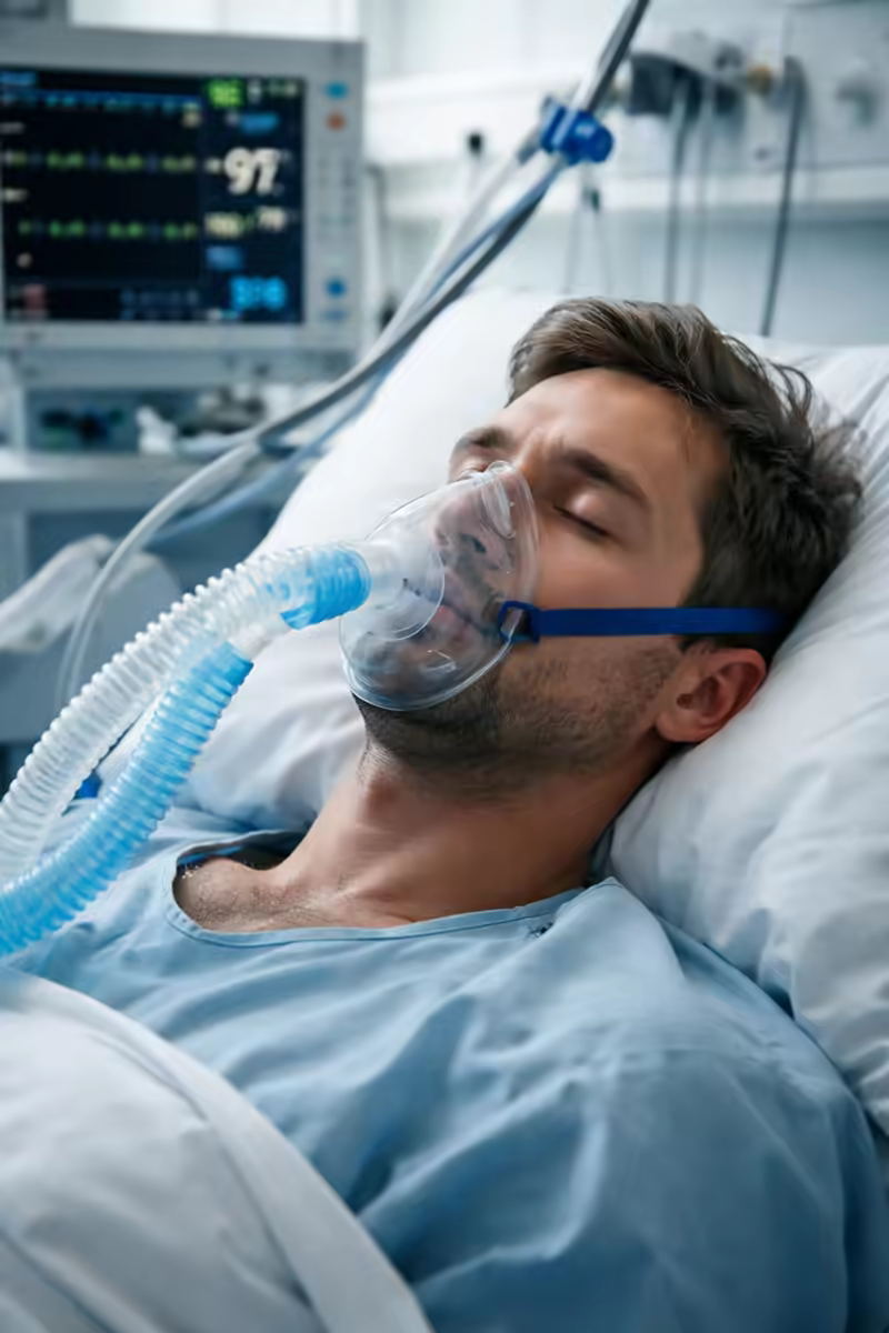 Mann mit Atemmaske im Krankenhausbett